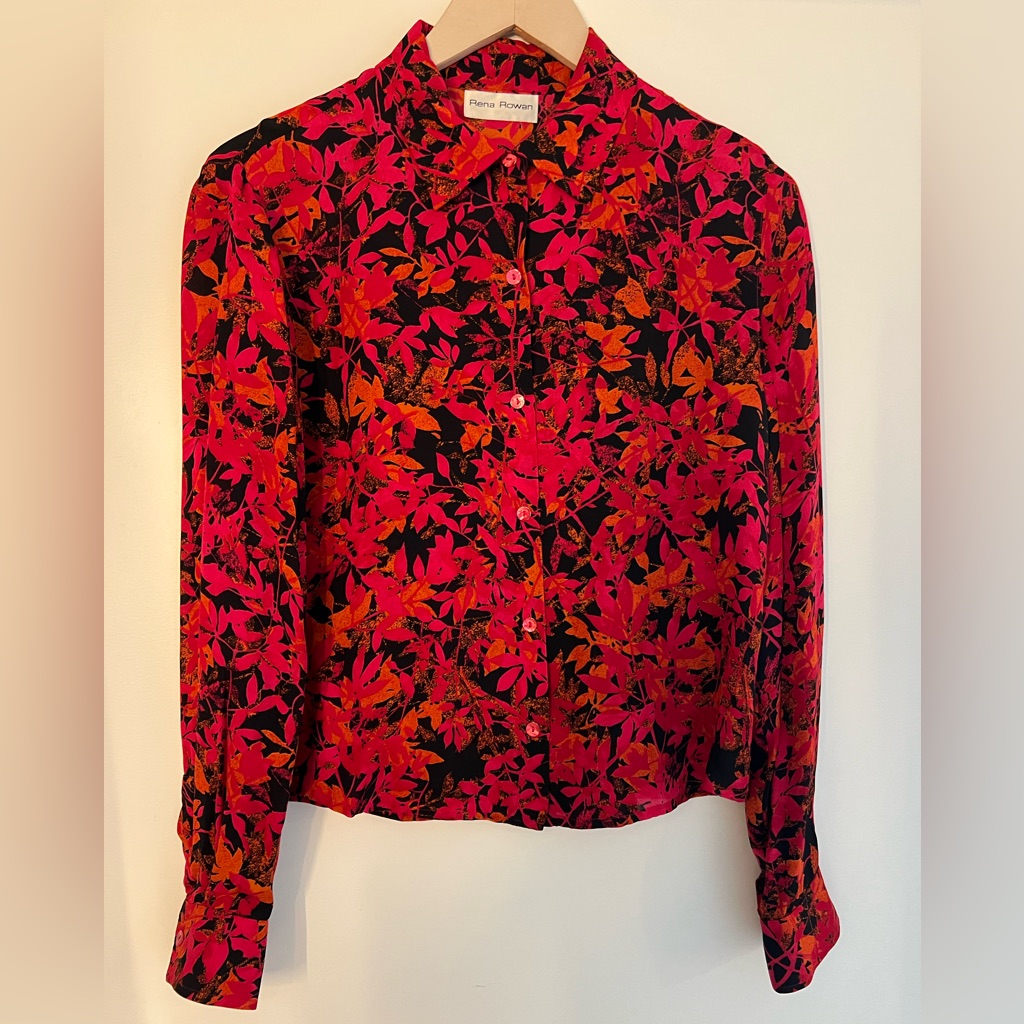 Rena Rowan Red And Black Floral Button-Down Blouse Size S